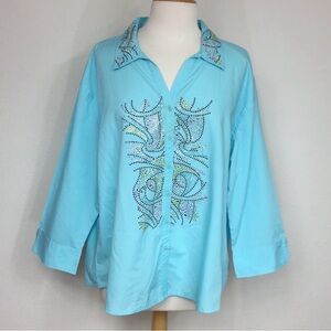 3/$25 Las Olas Baby Blue Sparkle Collared Button Down Blouse 1X Casual Coastal